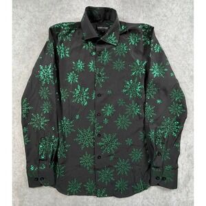 Barry Wang Mens Small Shirt Silk Blend Black Metallic Green Snowflake Christmas
